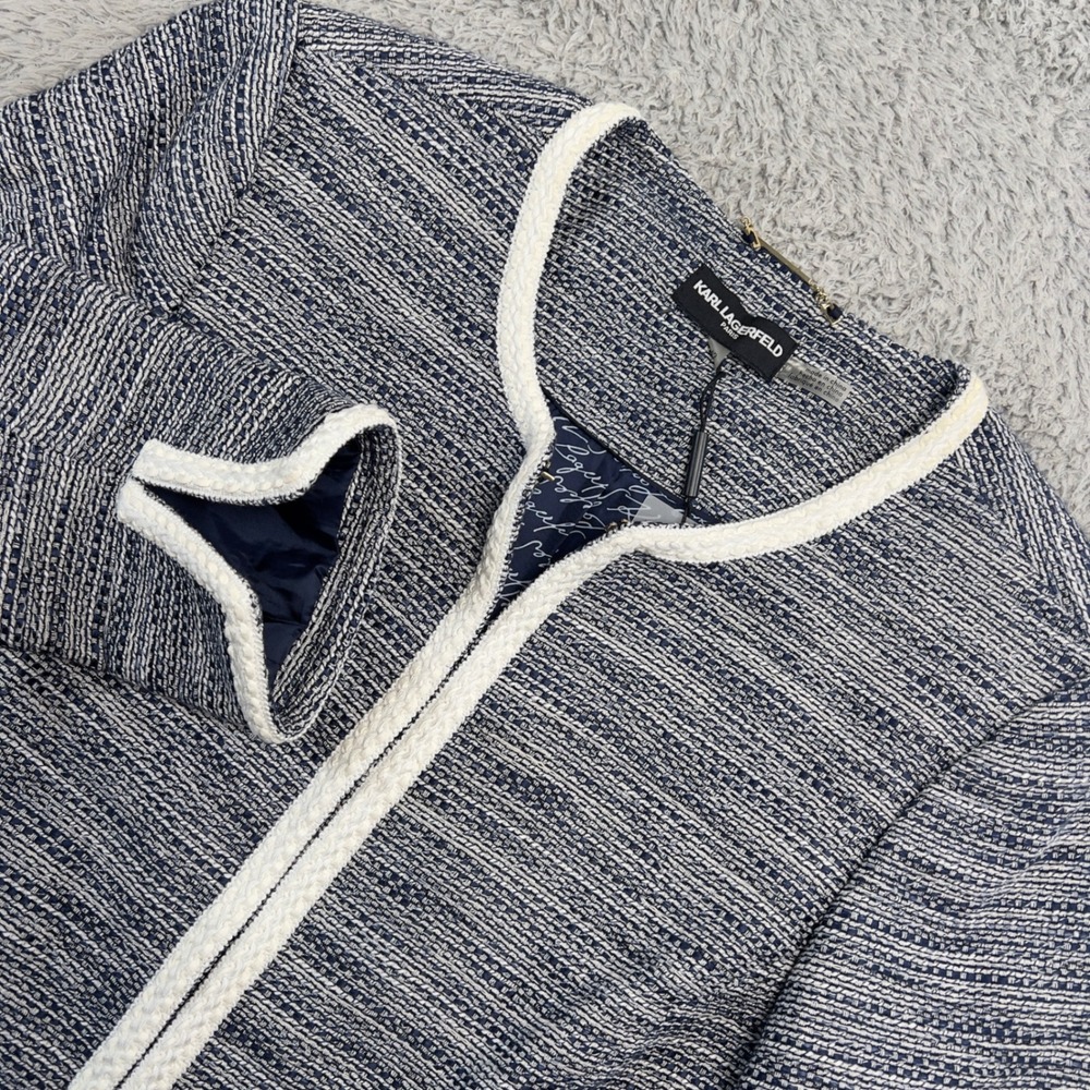 Karl Lagerfeld Paris Tweed Jacket Women 12 Blue White Braided Edge Trim LH1J2185